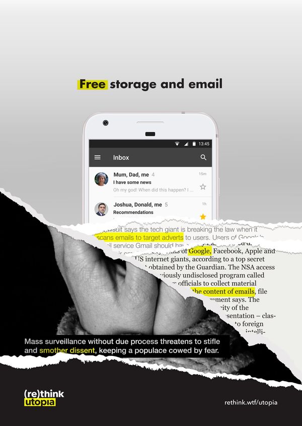 Free email ad, torn to reveal layers of information about true cost.